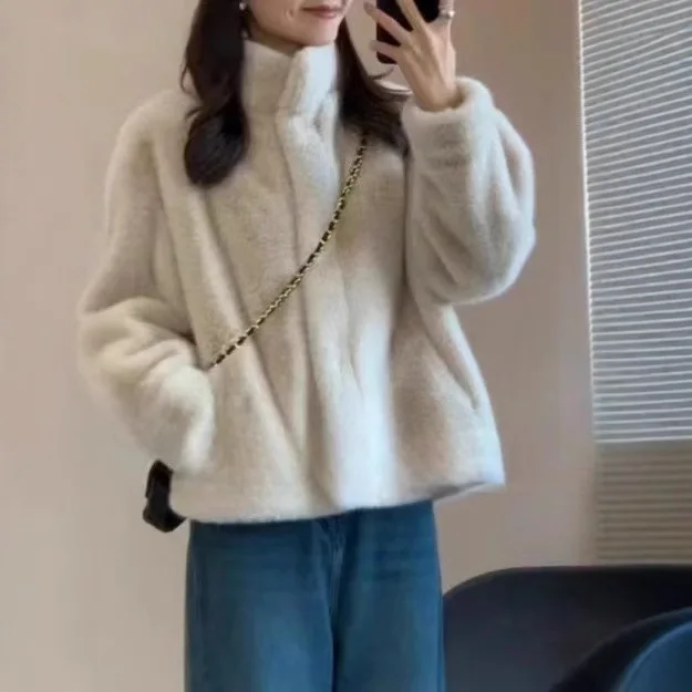 Women Faux Velvet Coat Short Jacket Solid Stand Collar Long Sleeve Single Breasted Loose Fit Thick Casual Streetwear 2025 Winter