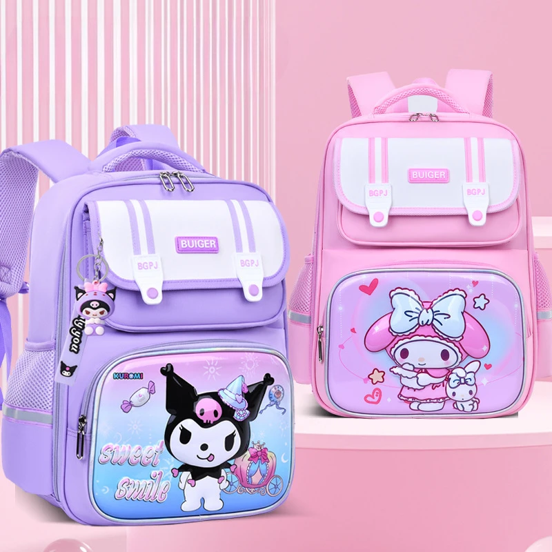 Sanrio Kulomie Cartoon saco de escola para estudantes, respirável, confortável, grande capacidade, melodia, segurança, mochila reflexiva