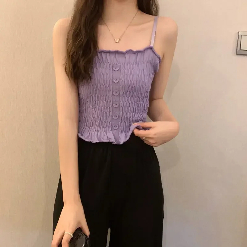 6 Colors Camisole Women Fashion Sleeveless Harajuku Crops Femme Sweet Preppy Style Holiday Stretchy Button Design Summer Korean