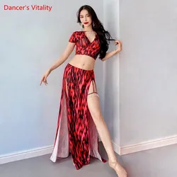 Traje de danza del vientre con cuello en V para mujer, Top con estampado de leopardo, falda dividida, ropa de rendimiento, ropa de práctica de competición elegante para adultos