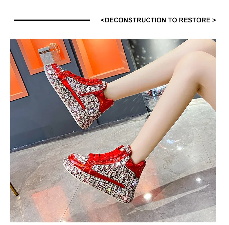 Women's Full Diamond Platform Sneakers Personalized Water Diamond Colored Embroidery Casual Shoes High Top Luxury Sports Shoes