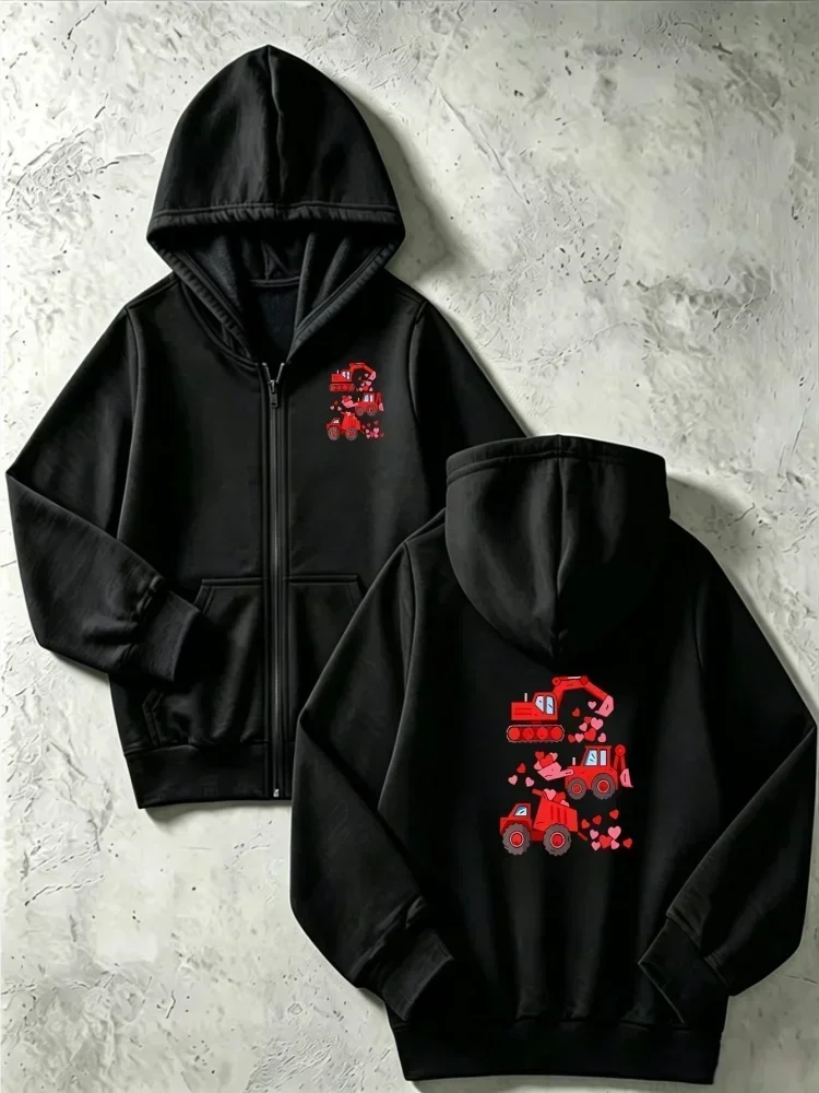 Valentines Construction Truck Heart Full Zip Hoodie Black Cartoon Machinery Print Long Sleeve Casual Streetwear For Kids Boys
