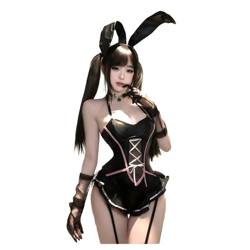 Sexy Bunny Girl Lingerie Corset Bodysuit Women Faux Leather Cosplay Costume Halloween Club Party Roleplay Outfit with