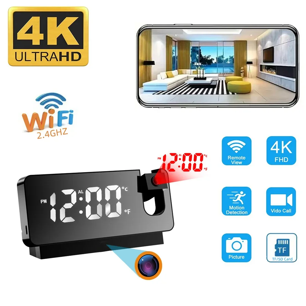 

Миниатюрные проекционные часы FHD 1080P с поддержкой беспроводного удаленного просмотра Wi-Fi 2,4 ГГц, обнаружения движения, домашней камеры