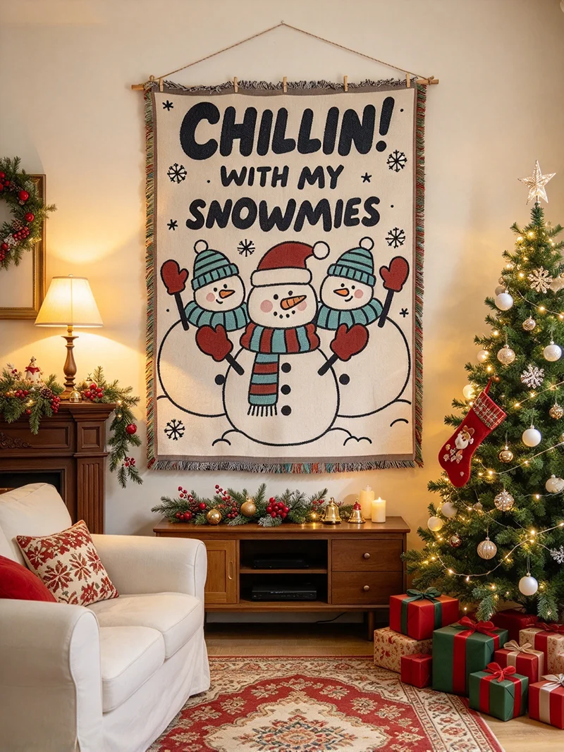 1Pc Christmas Themed Rectangle Woven Tapestry with Fringe - Festive Bedroom Wall Decor Lovely Cartoon Design for Home Decoration
