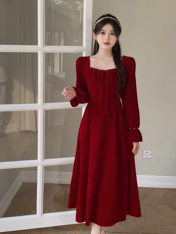 

plus Size Red Square Collar Dr Women's High Waist A-Line Skirt Slimming Autumn New Sle Korean Version Bright Tead