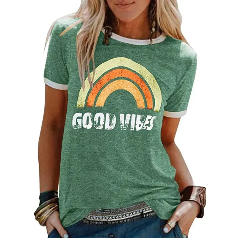 Modieuze Nieuwe Hot Selling Dames Tops Goede Vibes Regenboog Patroon Print Ronde Hals Korte Mouw T-Shirt