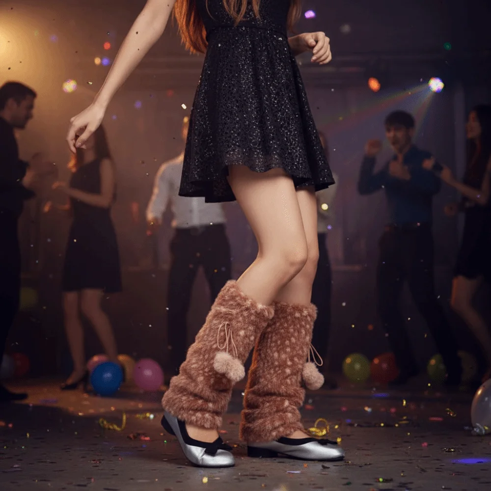 Calentadores de Piernas de Piel Sintética Y2K de Moda, con Bola de Pelo de Punto Color Beige, Cubrebotas Lolita, Calcetines Suaves Kawaii a Media Pantorrilla, Disfraz de Actuación