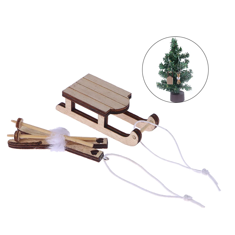 1Pcs 1/12 Dollhouse Miniature Sleigh Sled Ski Poles Pendant Dollhouse Christmas Scene Decoration Dolls House Xmas Accessories