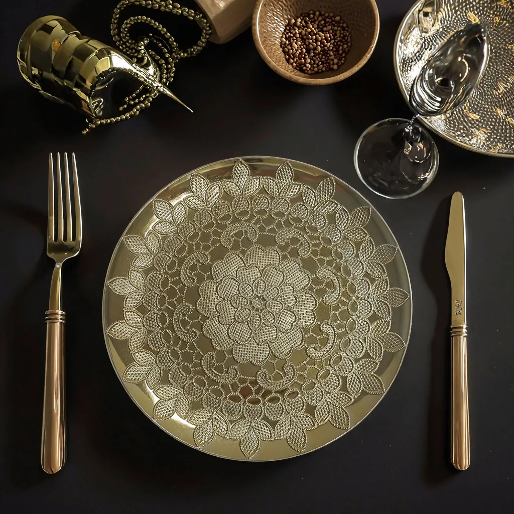Plastic Electroplated Lace Edged Decorative Plate Fruit Tray Western Restaurant Wedding Table Charger Plate