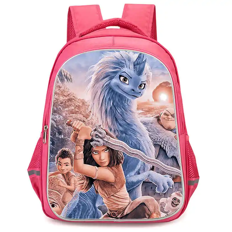 Mochila escolar para meninas da disney com bolso duplo com zíper, raya rosa dos desenhos animados e o último dragão, bolsas infantis duráveis de 16 polegadas