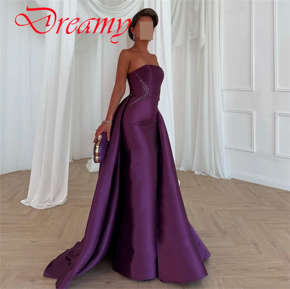 

Customized Delicate Purple Satin Evening Dress Elegant Strapless Detachable Sleeve Cocktail Dress Formal Zipper Back Prom Dress