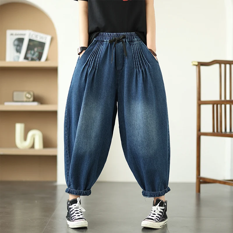 Pantaloni a lanterna a gamba larga in denim retrò Waed Donna Estate taglie forti Pantaloni con risvolto Harlan drappeggiati dimagranti allentati