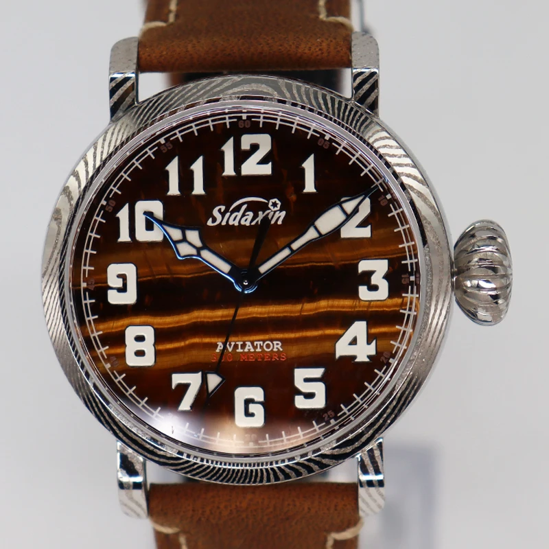 Luxury Men\'s Automatic Mechanical Watch Pilot Watch Damascus Steel Sapphire Mirror Retro Flieger Watch Meteorite Dial Pt5000