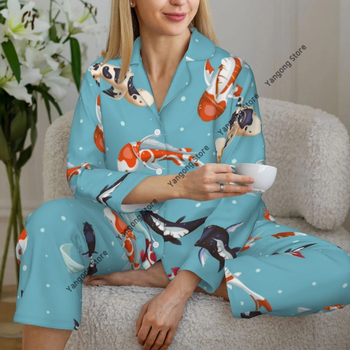 Fish Koi Pattern Womens Pajamas Loungewear Two-piece Sleepwear Button-Down Full Sleeve Long Pajamas Set