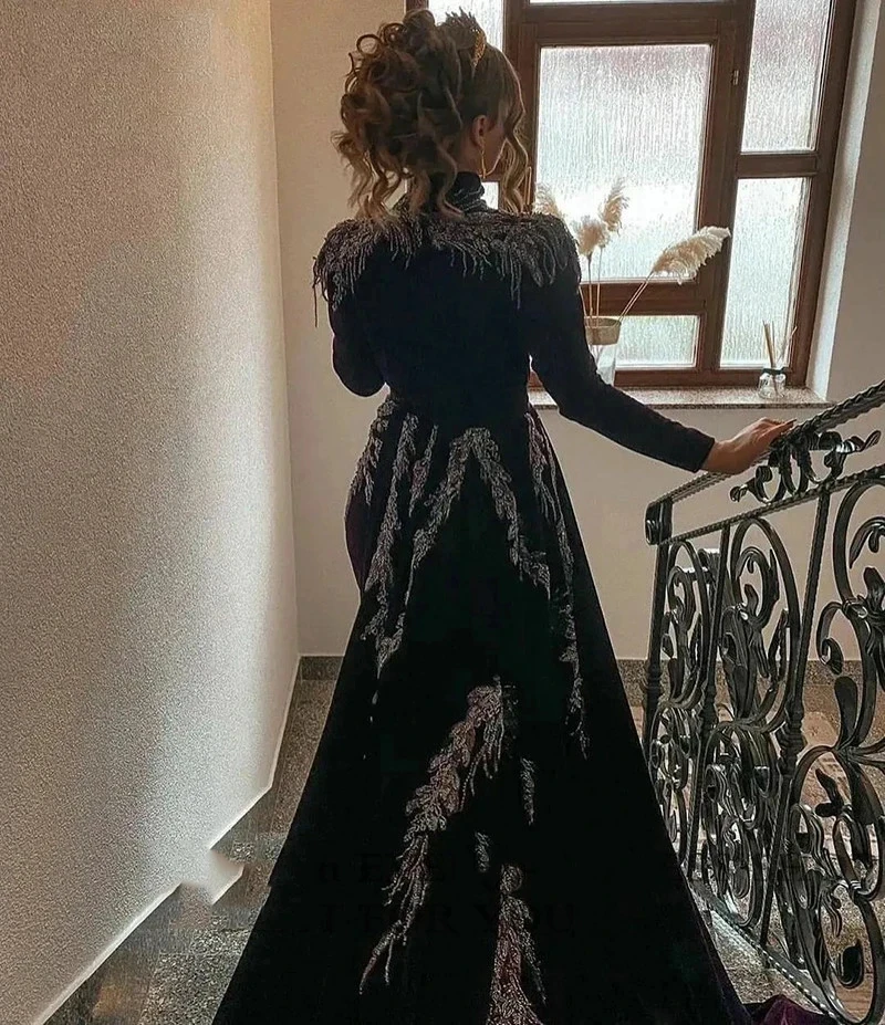 2024 Zwarte Hoge Hals Avondjurken Lange Mouw Kanten Zeemeermin Saudi Arabia Gala Gown Side Split Party Jurken فساتين مناسبة رسمية