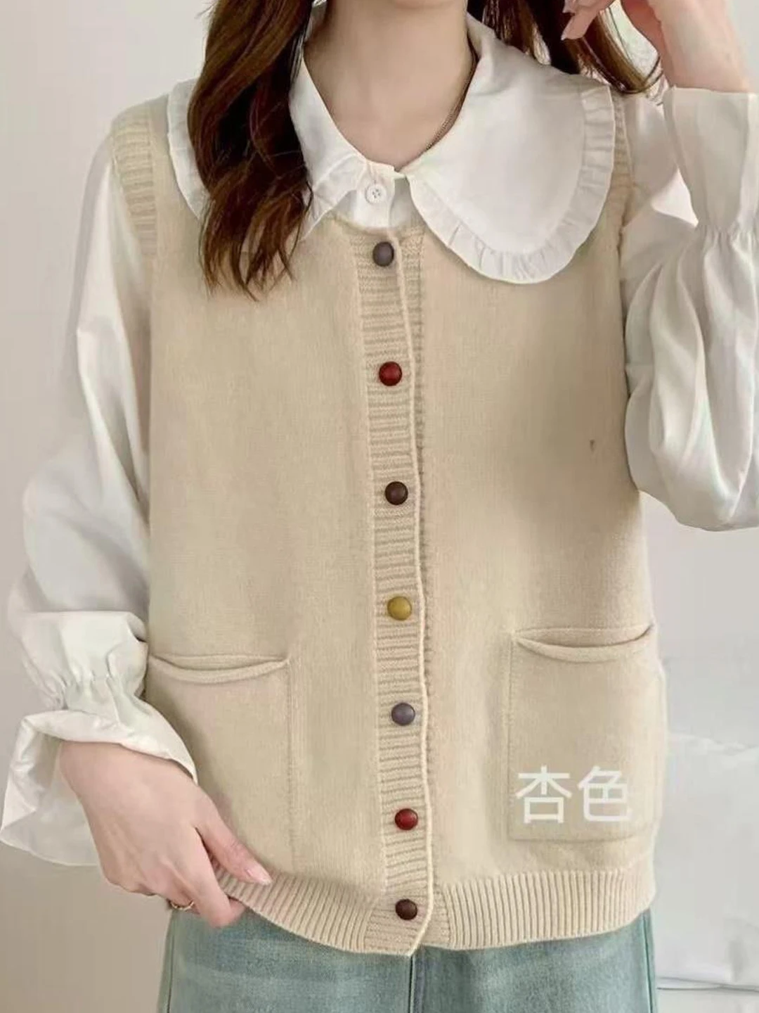 Fashionable Korean Style Knitted Cardigan Women's Vest Single Row Color Buckle Simple Top for Autumn Winter New Arrival