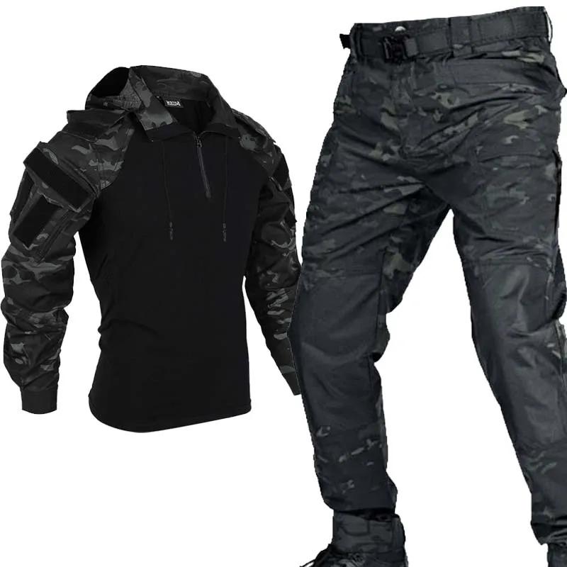 Men Hooded Long Shirt+Cargo Pants Multi-Pocket Durable Tactics Work Pants Outdoor Hiking Hunting Training Suits