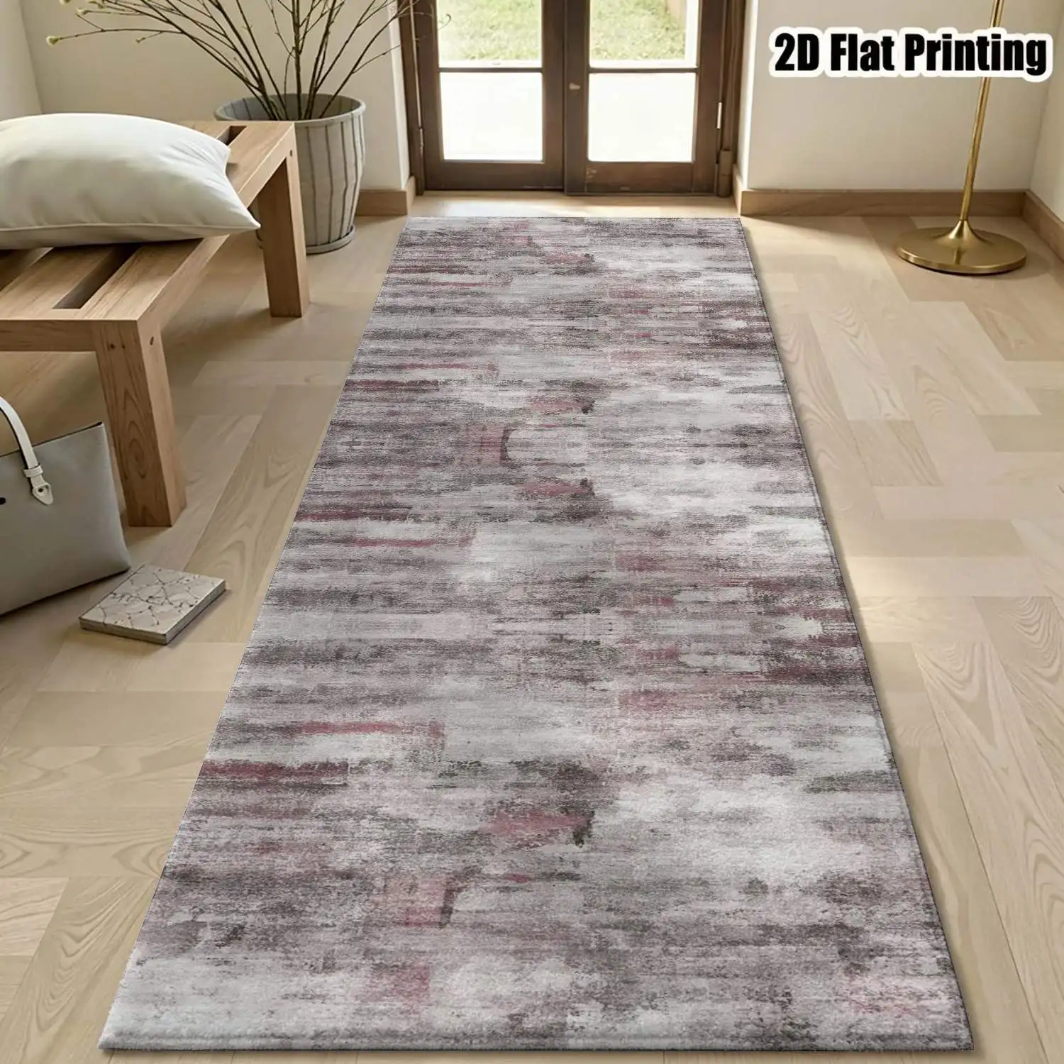 1Pc 2D Printed Long Strip Rug: Pink-Grey Abstract Stripe, Nordic/Instagram/Modern Minimalist/Geometric Stripe Style, Home Decor, Multi Sizes, Machine Washable, for Entrance, Corridor, Living Room, Bedroom