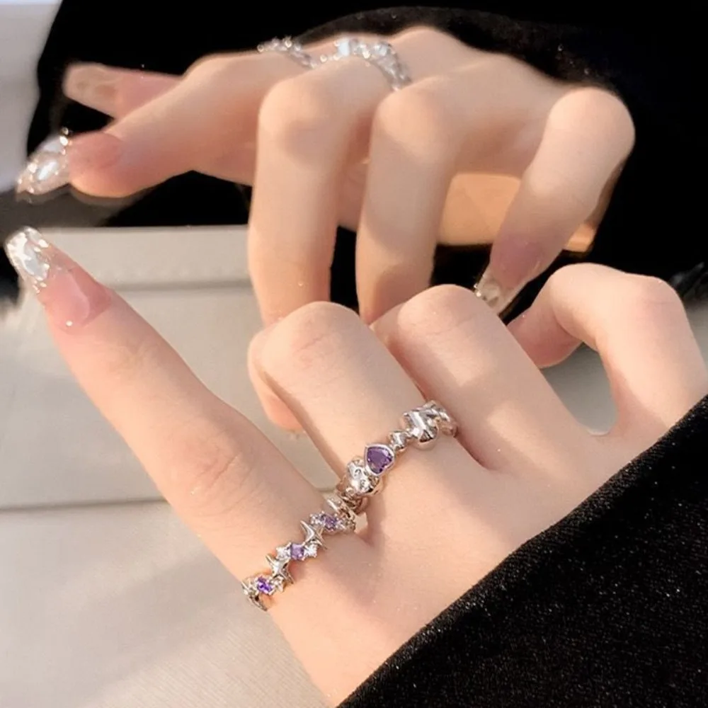 Adjustable Ring Set Unique Delicate Flower Opening Ring Korean Silver Color Finger Rings Crystal for Women Jewelry Accessories