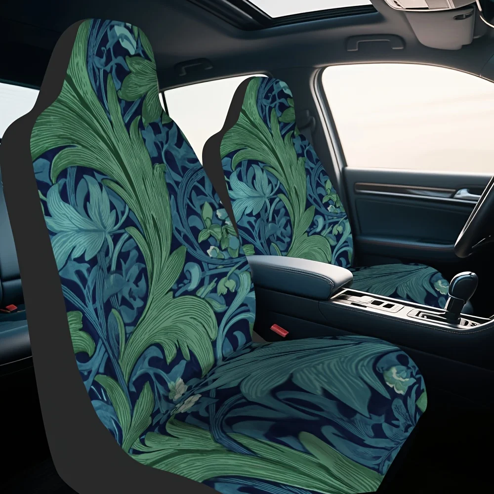 2pcs Elegant Floral Vine Car Seat Covers - Dark Green & Leaf Pattern, Durable Polyester, Easy To Install, Fit For Cars, SUVs, Tr