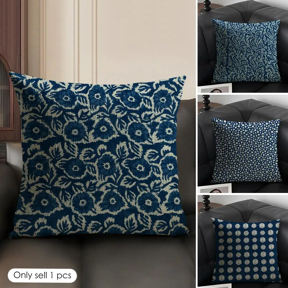Indigo Batik Seamless Cushion Cover Natural Linen Organic Fabric Double-Sided Printing Breathable Perfect Gift For Decor