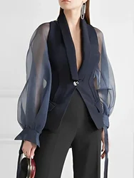 Bonboho Blazer Suits Top for Women Lapel V-neck Puff Sleeve Buttoned Shirt & Blouse for Urban Female Spring and Summer Tops