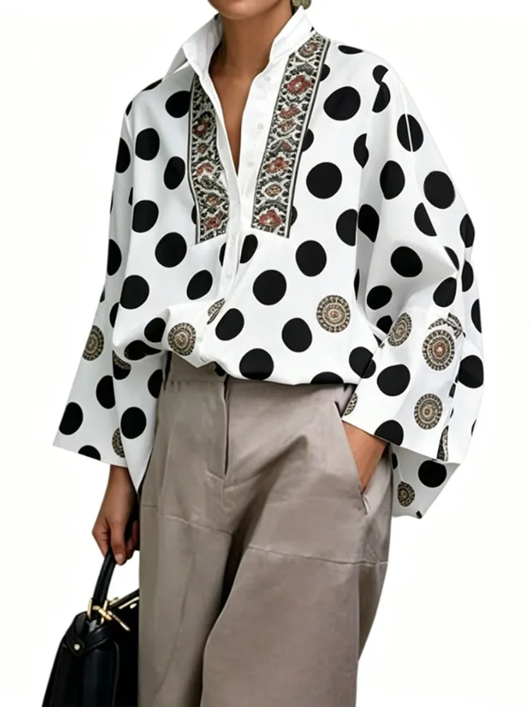 Yeezzi Damen Retro Polka Dot Bedrucktes Hemd Oberteile 2026 Neu Langarm Oversized Elegante Büro-Arbeitsblusen mit Revers für Damen – Detail 8