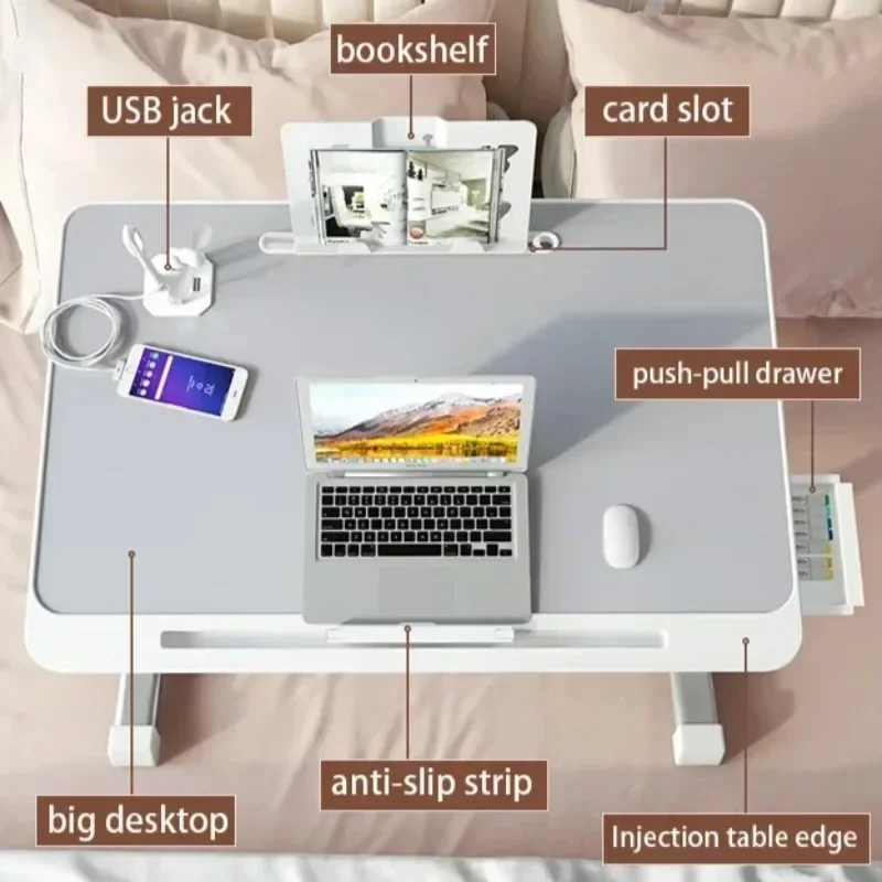 Foldable Laptop Table Dormitory Student Table with Book Stand Strip USB Jack Extra Leg Height Adjustable Laptop Stand for Bed