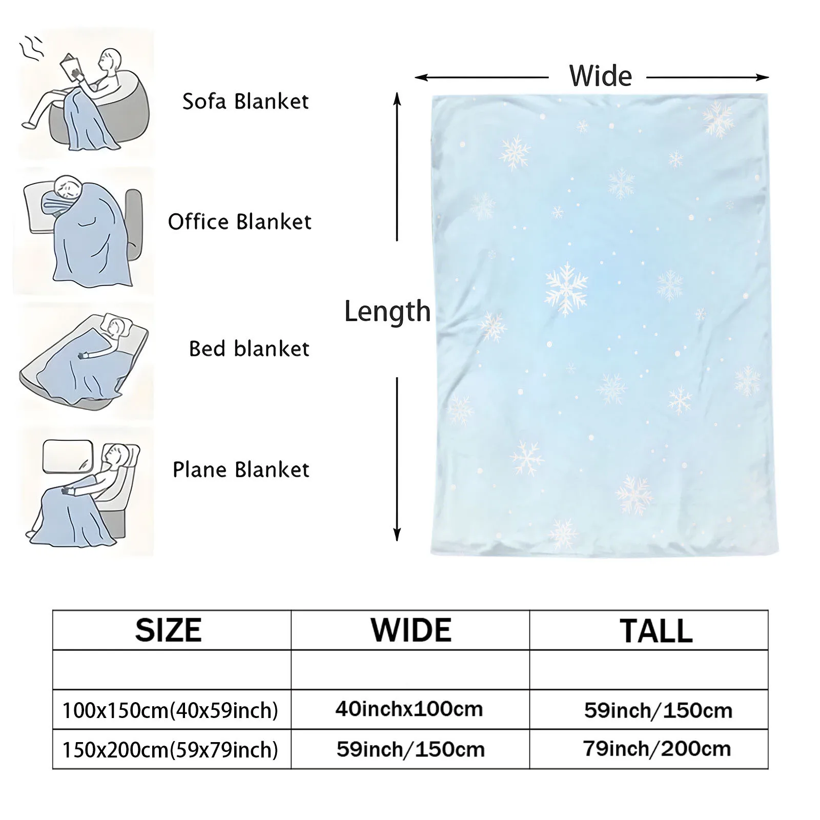 Pastel Light Blue Scattered White Snowflake Flannel Throw Blanket Warm Plush Blanket Christmas Sofa Bed Travel Camping Blanket