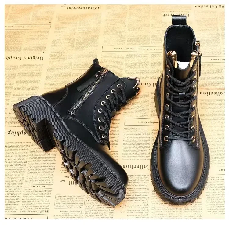 2023 Trend Women\'s Pu Leather Ankle Boots Autumn Winter Round Toe Lace Up Shoes Woman Classic Fashion Motorcycle Platform Botas