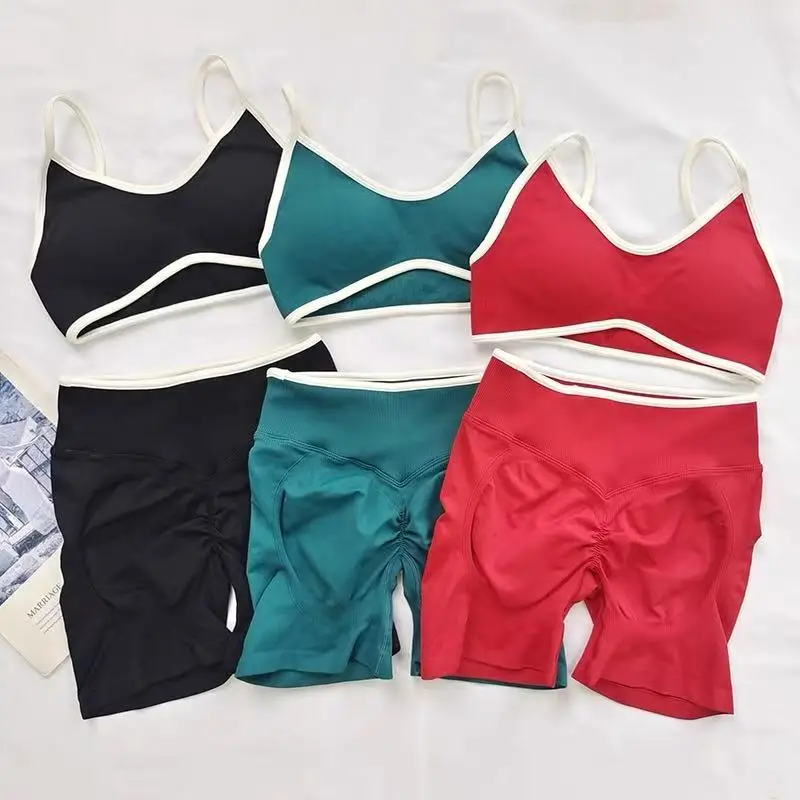 Sports And Fitness Suit Vest Contrasting Color Shock-absorbing Sports Bra High Waist Breathable Peach Hip Three Part Shorts Set
