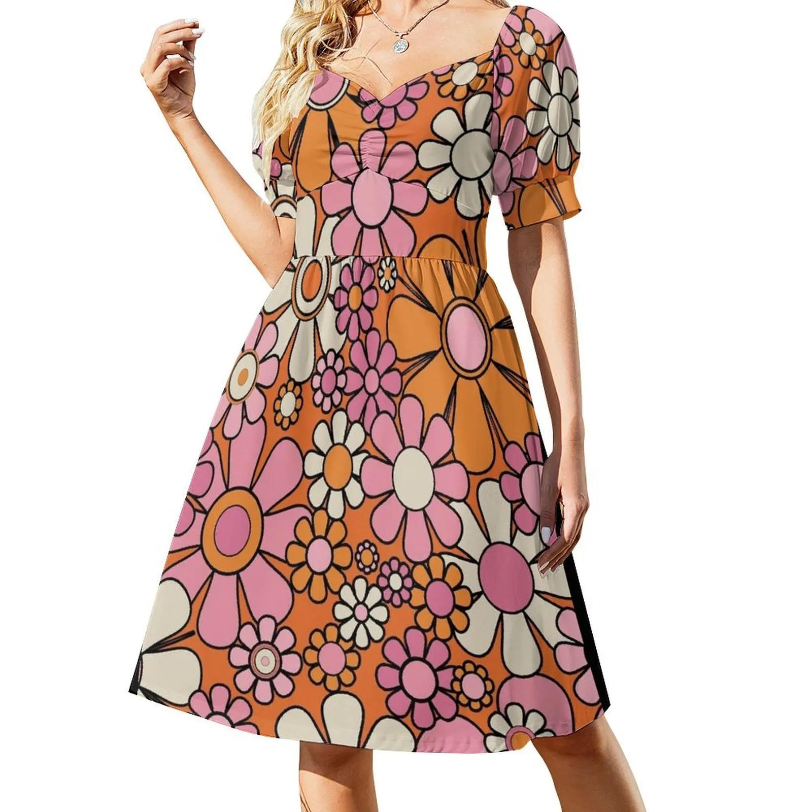 

Retro Garden Flowers Groovy 60s 70s Floral Pattern in Thulian Pink, Orange, Cream Beige, and Black Short Sleeved Dress