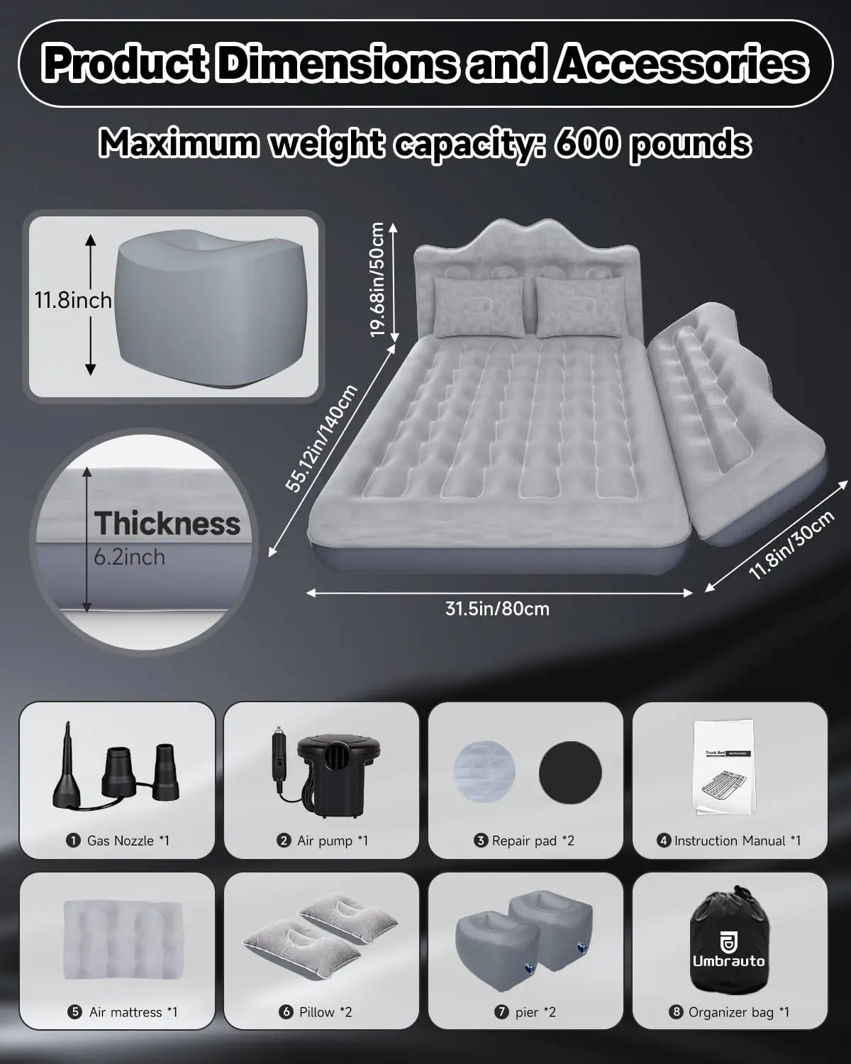 Umbrauto Car Air Mattress Bed: Inflatable SUV Camping Sleeping Pad for Truck Back Seat with Pump & Pillows, Blow Up Backseat Car Mattress for Van Rear Seat