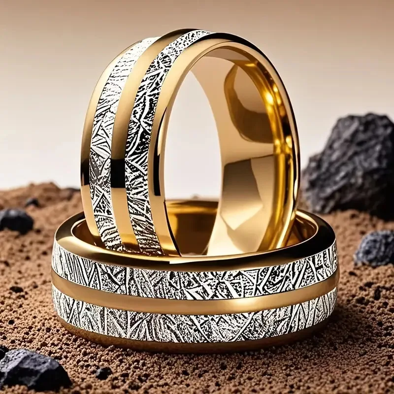 8MM Double Groove Gold Color Stainless Steel Rings Silver Meteorite Inlay Unique Steel Ring Wedding Band Jewelry For Gift