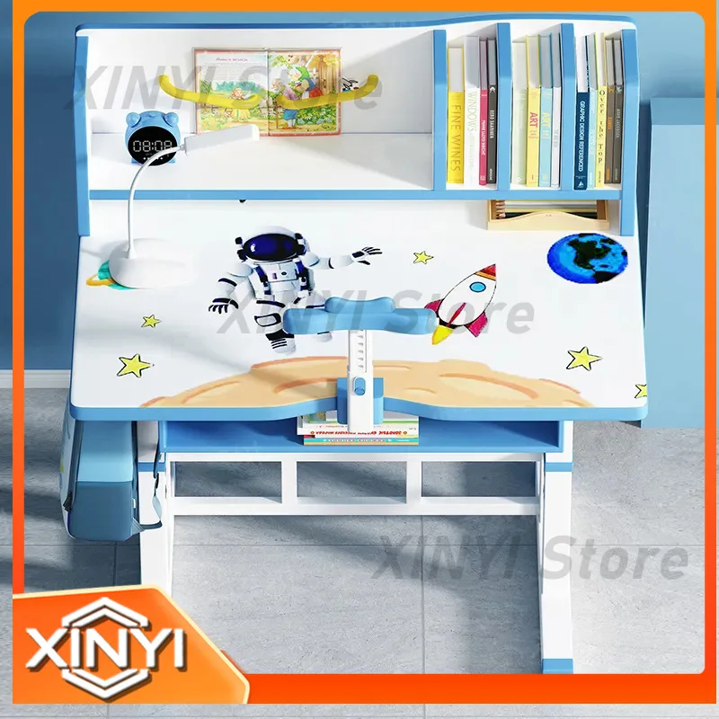 Elevating Desk and Chair Set for Home Office Kids Study Room Cartoon Bookcase Combo Adjustable Height Desk Chair for Children