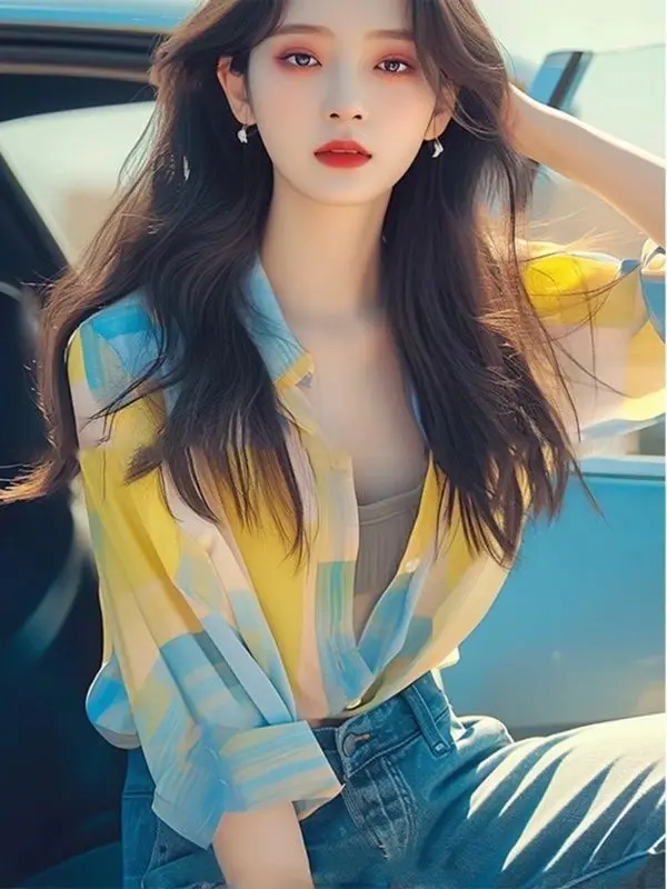 Il top unico ed elegante sembra una fantastica camicia gialla con protezione solare, nuovo stile estivo da donna