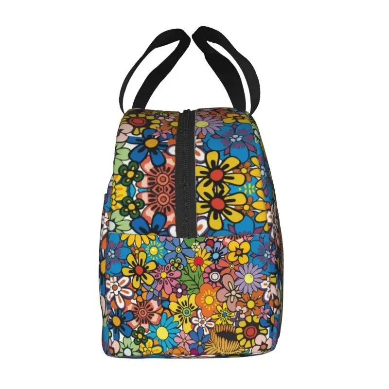 Retro Hippie Flower Pattern Portable Lunch Box for Women Leakproof Cooler Thermal Food Insulated Lunch Bag Office Work