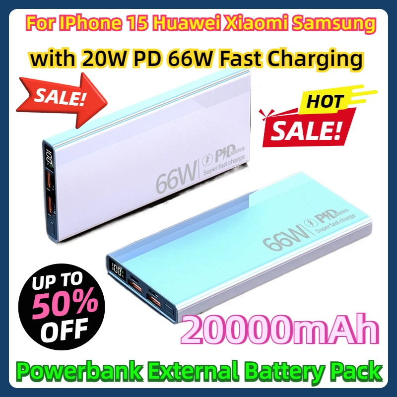 For IPhone 15 Huawei Xiaomi Samsung Poverbank Power Bank 20000mAh with 20W PD 66W Fast Charging Powerbank External Battery Pack