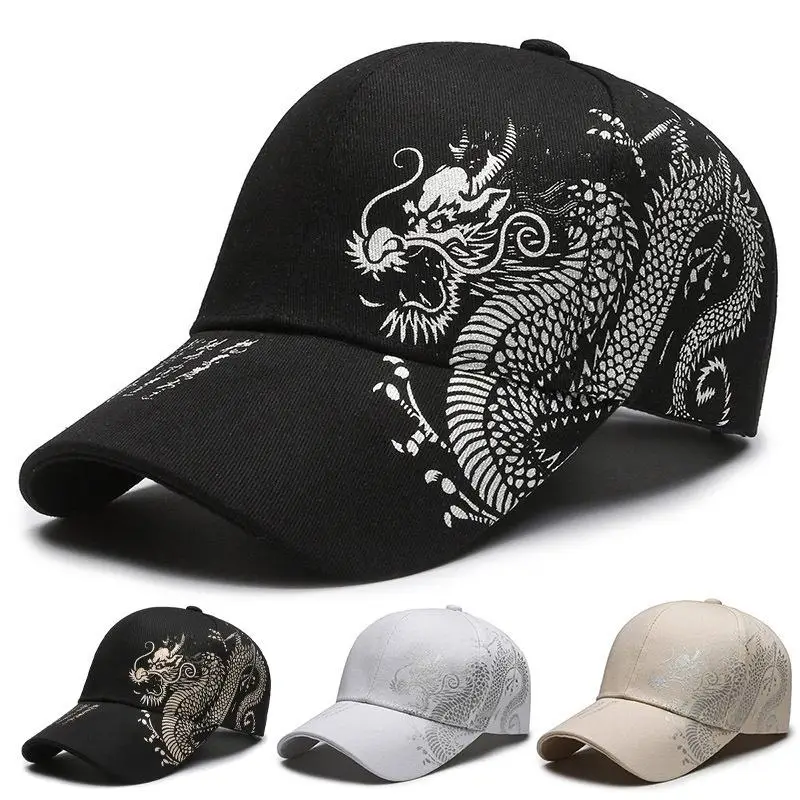 1Pcs Cotton Baseball Cap With Chinese Dragon Print Adjustable Strap Multiple Colors For Daily Wear Outdoor Sports Hiking