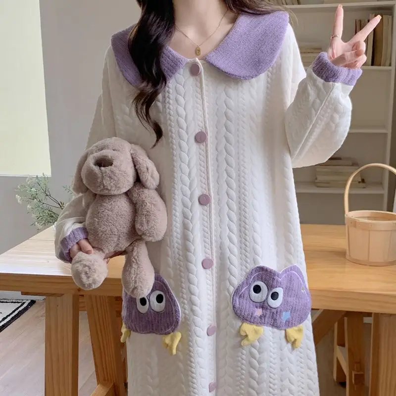 Primavera Otoño Invierno pijamas de mujer de manga larga cárdigan suelto ropa de dormir cómoda camisón de dibujos animados ropa de casa de ocio