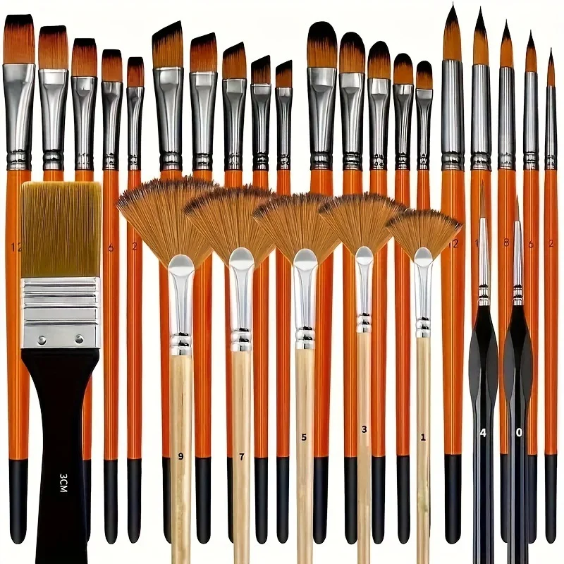 28/32Pcs Nylon Paint Brush Set, Round Filbert Flat Fan Angle Detail Brushes for Acrylic Watercolor Oil Painting