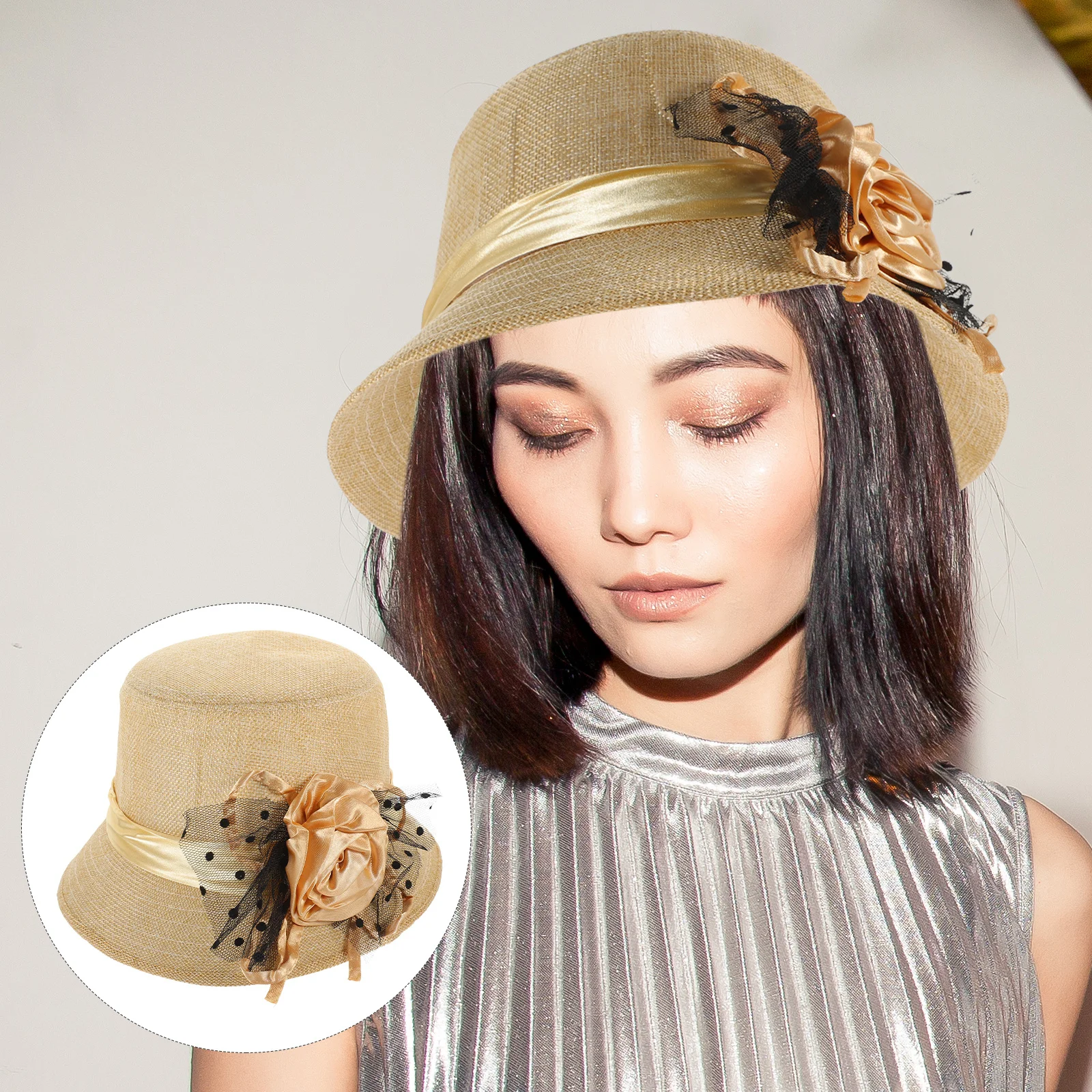 

Church Hat For Women Elegant Lace Flower Decor Vintage Large Brim Hat Outdoor Formal Event Fashionable Headwear