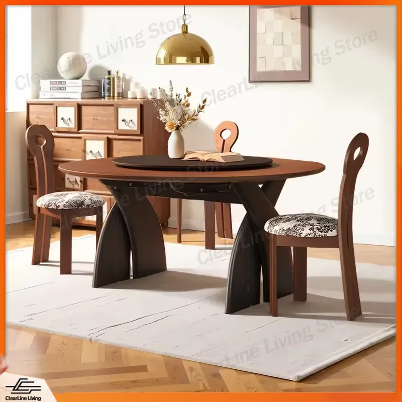Round French Retro Wooden Retractable Dining Table Antique Style High End Expandable Round Dinner Table Set For Home Kitchen