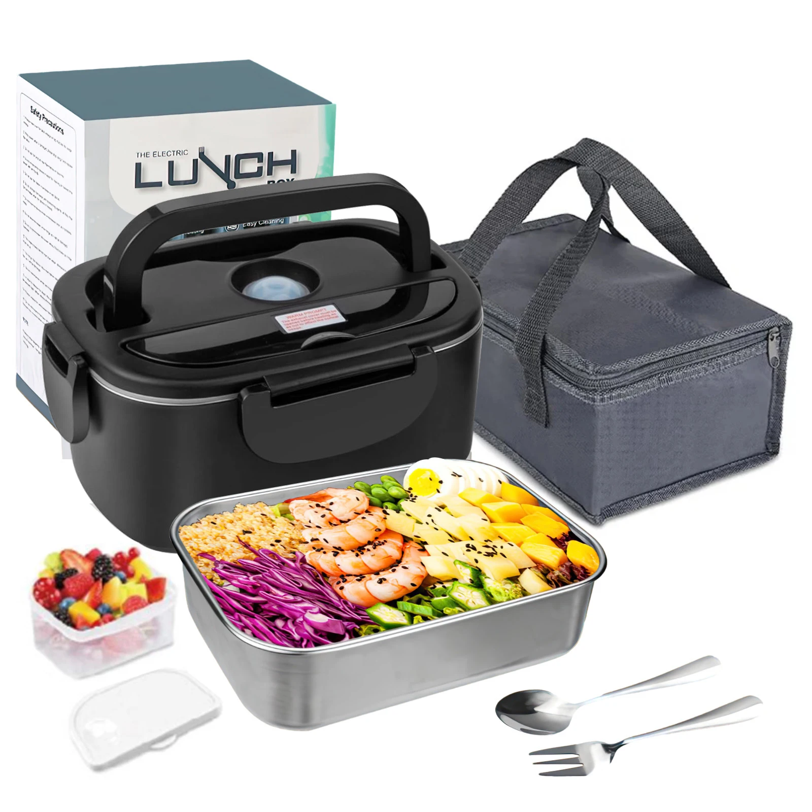 Heizbare Schüssel Elektrische Lunchbox Beheizter Essensbehälter 1,5L Mahlzeitenbox für Kinder/Erwachsene Mit Grauer Isoliertasche