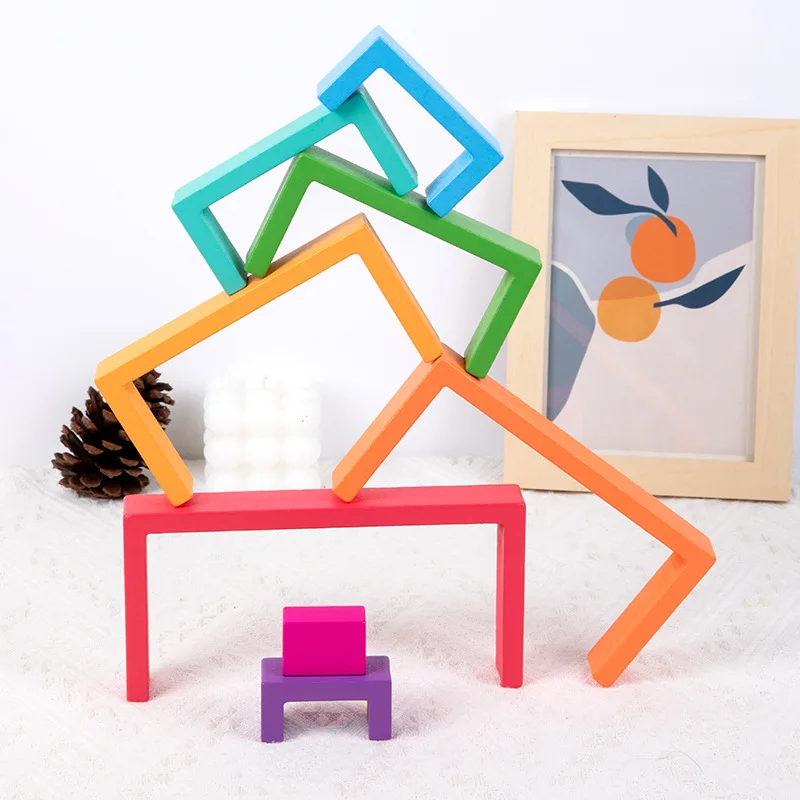 Montessori Wooden Rainbow Stacking Game,Eight Layers Square/Arch Colorful Stacker,Color Recognition Building Blocks Toys