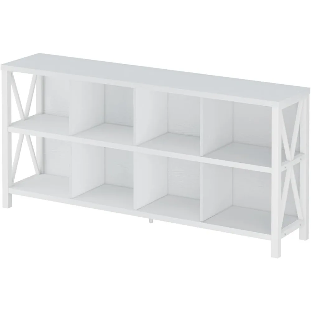 8 cube storage shelves, rustic wooden bookcase, industrial living room horizontal shelf (white oak, 62 inches)