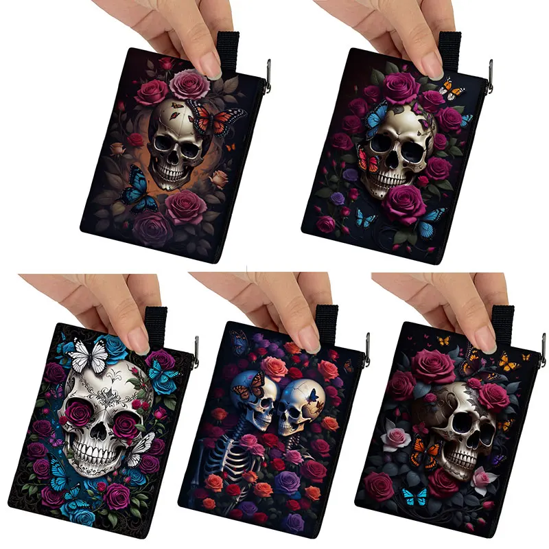 Skull Rose Butterfly Print Coin Purse Kawaii Wallets ID Credit Card Key Earphones Holder Harajuku Coin Bag Zipper Pouch