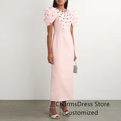 Elegant Crystal Prom Dress Cocktail Party Gown Customized Round Neck Short Sleeves Straight Saudi Arabian Prom Dresses