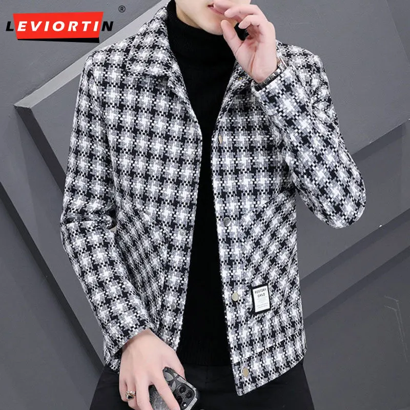 

2023 Autumn Winter Plaid Woolen Jackets Men Korean Thickened and Warm Trench Coat Casual Business Social Streetwear Overcoat